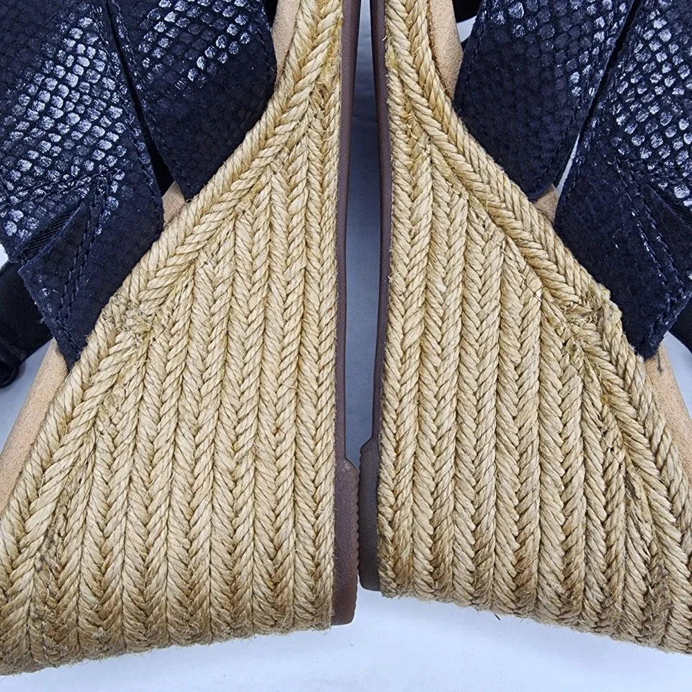 Clarks Lafley Krissy Leather Wedge Espadrille‎ Sandals Black Sz 8.5 Adjust Strap